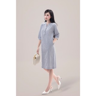SWANLAKE | Váy Đầm Suông Tay Lỡ Cổ Trụ Cài Nút Vải Cotton Sọc Thêu Họa Tiết Vai Công Sở - D11882