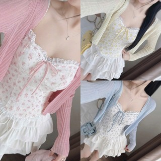 Set váy thời trang nữ thiết kế nàng thơ chất áo đũi vân mây 2 dây in hoa phối chân váy dáng mini xòe sóng ý kèm khoác