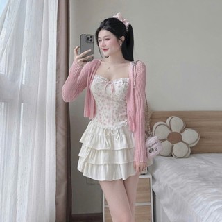 Set váy thời trang nữ thiết kế nàng thơ chất áo đũi vân mây 2 dây in hoa phối chân váy dáng mini xòe sóng ý kèm khoác