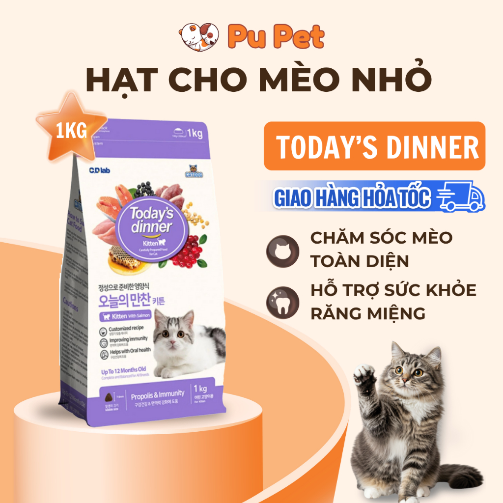 Thức Ăn Hạt Cho Mèo Con Today's Dinner Gói 1kg Hỗ Trợ Miễn Dịch Và Răng Miệng