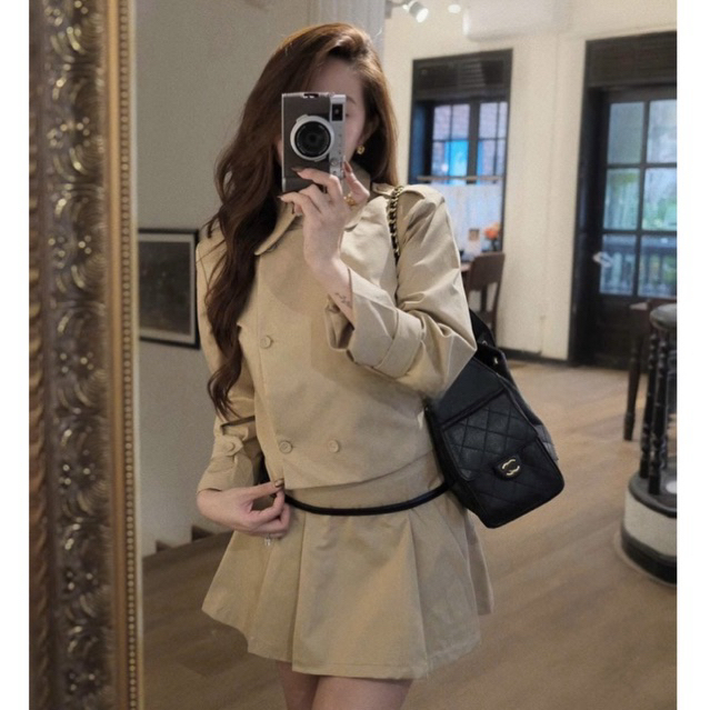 MIU.STUDIO •”Hana Set” Set áo kaki nâu dài tay đính khuy gỗ cao cấp kèm chân váy xếp ly ngắn xoè phong cách tiểu thư HQ