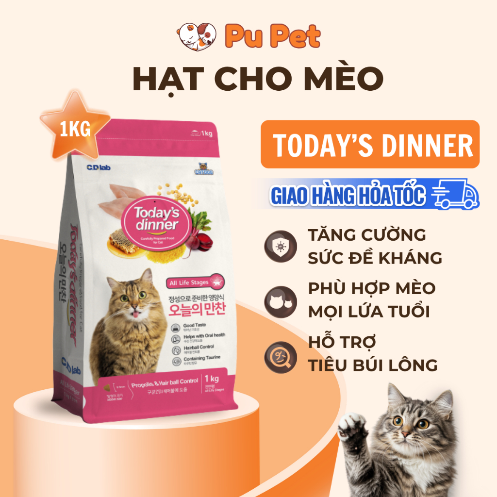 Hạt Cho Mèo Today's Dinner Hàn Quốc 1kg Bổ Sung Keo Ong Cho Mèo Mọi Lứa Tuổi
