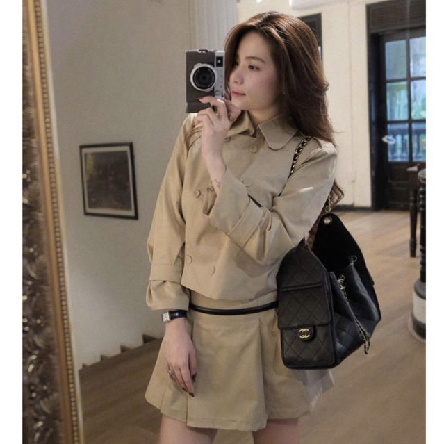 MIU.STUDIO •”Hana Set” Set áo kaki nâu dài tay đính khuy gỗ cao cấp kèm chân váy xếp ly ngắn xoè phong cách tiểu thư HQ