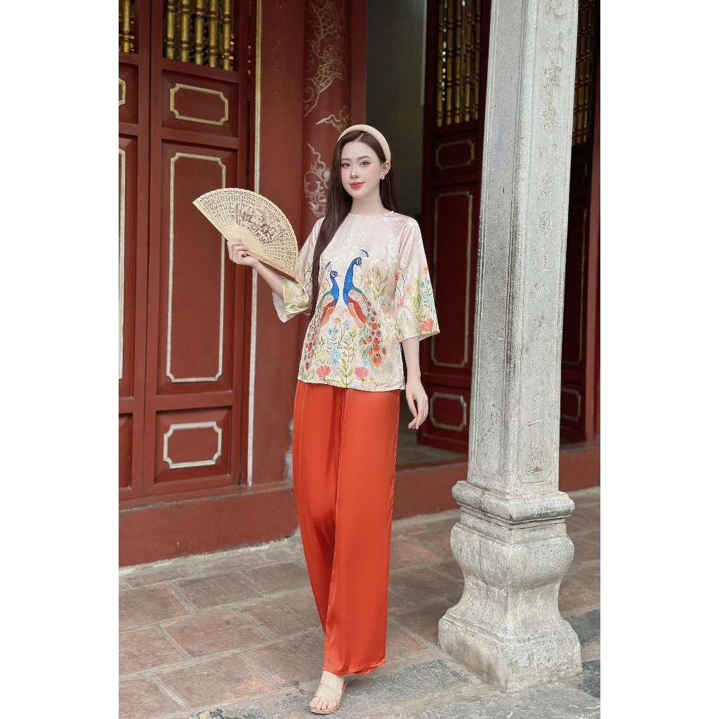 Bộ lam gấm in 3D xẻ tà Vy Linh tay lỡ chất liệu gấm phối lụa latin thoáng mát không bai nhão thấm hút mồ hôi s1325 3D