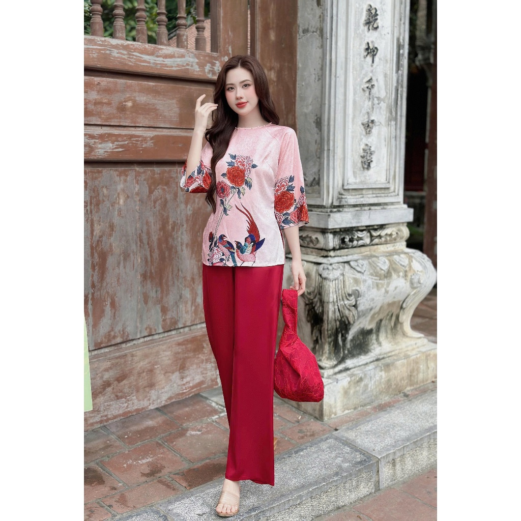 Bộ lam gấm in 3D xẻ tà Vy Linh tay lỡ chất liệu gấm phối lụa latin thoáng mát không bai nhão thấm hút mồ hôi s1325 3D