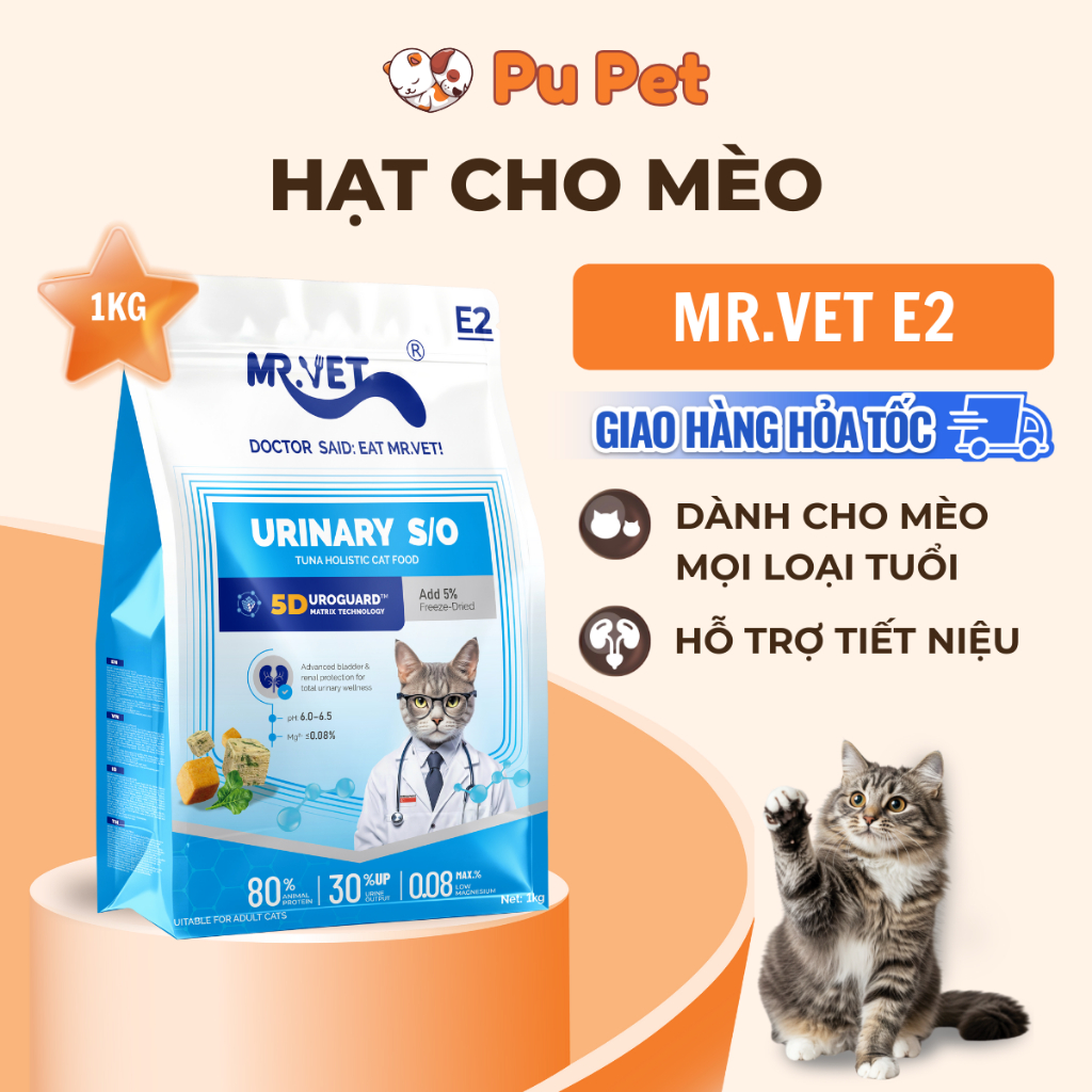 Hạt Cho Mèo MRVET E2 Chăm Sóc Tiết Niệu Đa Chiều, 80% Đạm Động Vật Cao Cấp, Gói 1KG