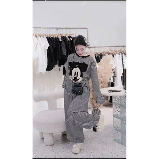 Set bộ đồ nữ kẻ ngang dài tay THÊU XÙ CHUỘT MICKEY hàng đẹp loại 1