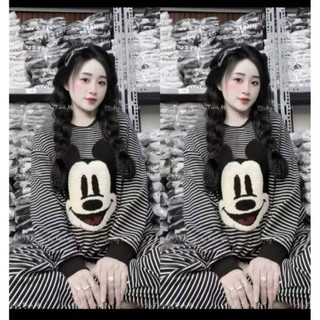 Set bộ đồ nữ kẻ ngang dài tay THÊU XÙ CHUỘT MICKEY hàng đẹp loại 1