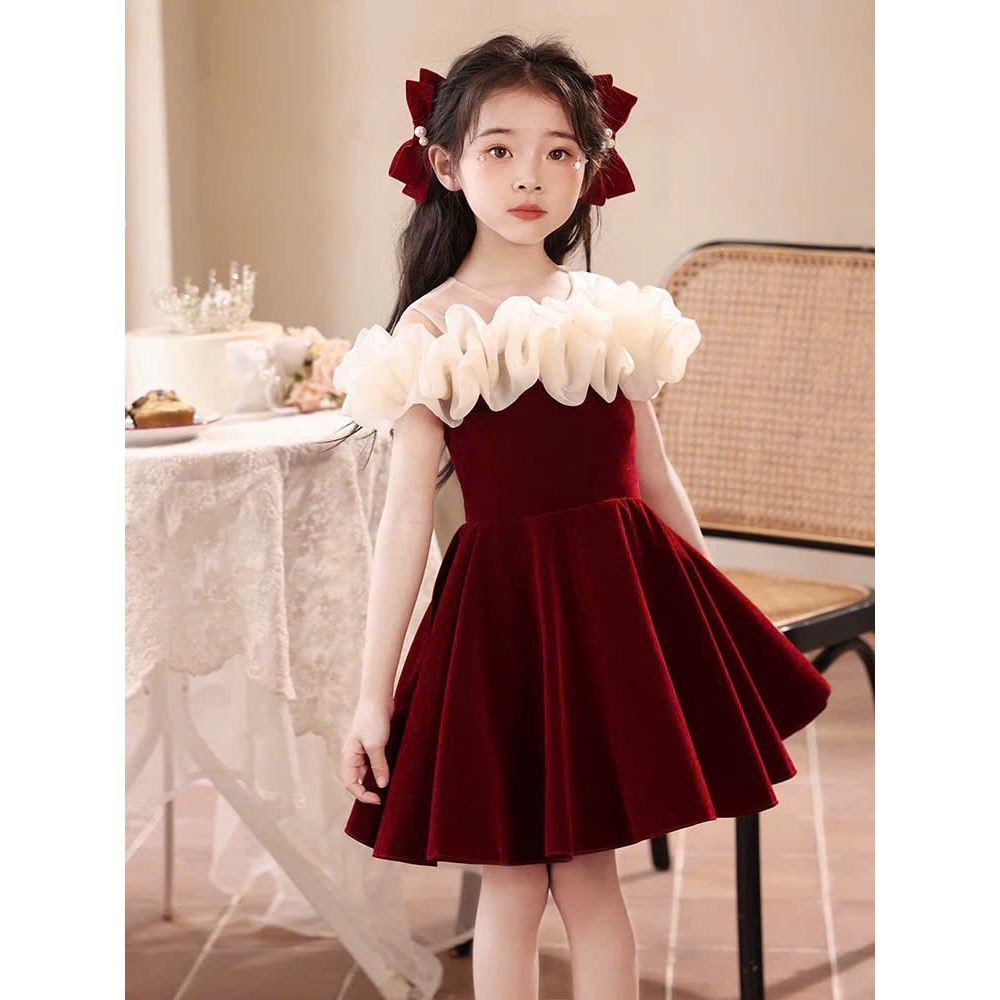 Váy bé gái chất nhung đỏ cổ bèo trắng đầm dự tiệc chụp ảnh công chúa sang chảnh, cho bé gái và mẹ từ 13-56kg