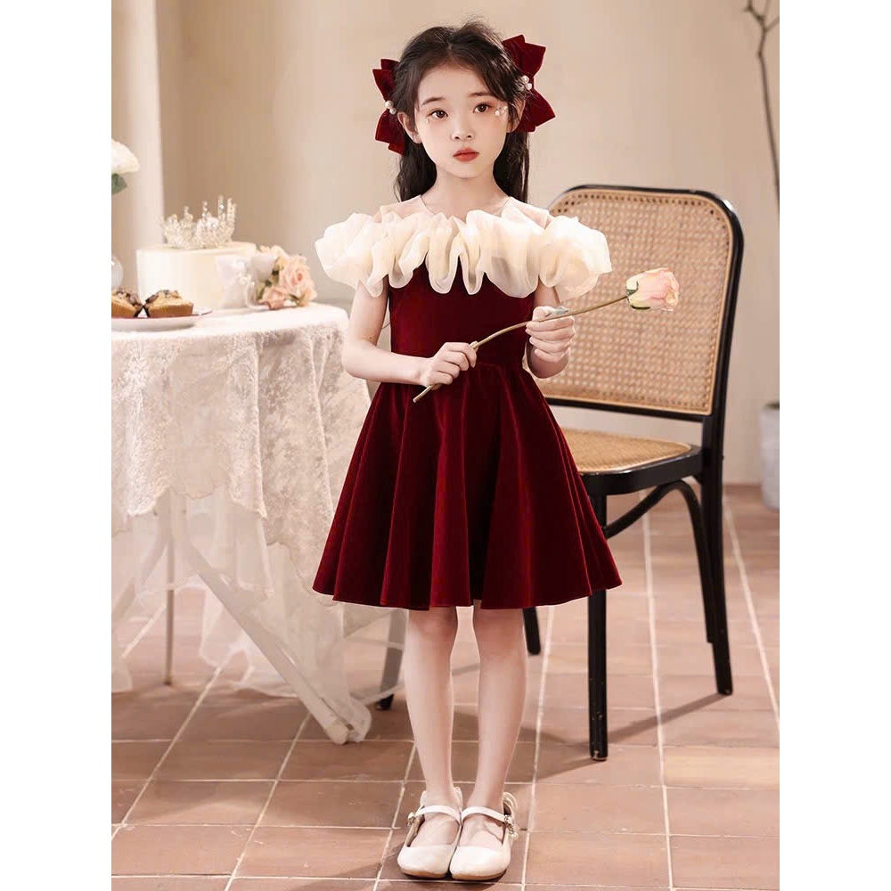 Váy bé gái chất nhung đỏ cổ bèo trắng đầm dự tiệc chụp ảnh công chúa sang chảnh, cho bé gái và mẹ từ 13-56kg