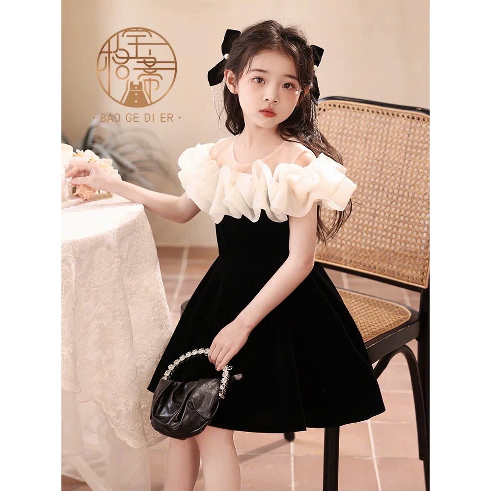Đầm bé gái cổ bèo trắng thân nhung đen dáng ngắn xòe nhẹ nhàng dự tiệc chụp ảnh siêu xinh,cho bé gái và mẹ từ 13-56kg