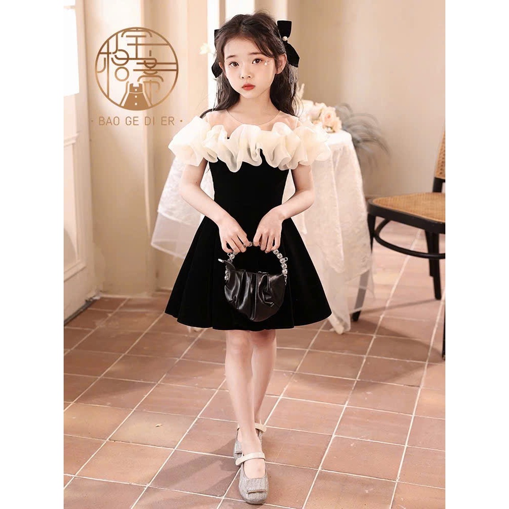 Đầm bé gái cổ bèo trắng thân nhung đen dáng ngắn xòe nhẹ nhàng dự tiệc chụp ảnh siêu xinh,cho bé gái và mẹ từ 13-56kg