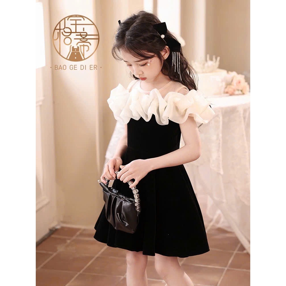 Đầm bé gái cổ bèo trắng thân nhung đen dáng ngắn xòe nhẹ nhàng dự tiệc chụp ảnh siêu xinh,cho bé gái và mẹ từ 13-56kg