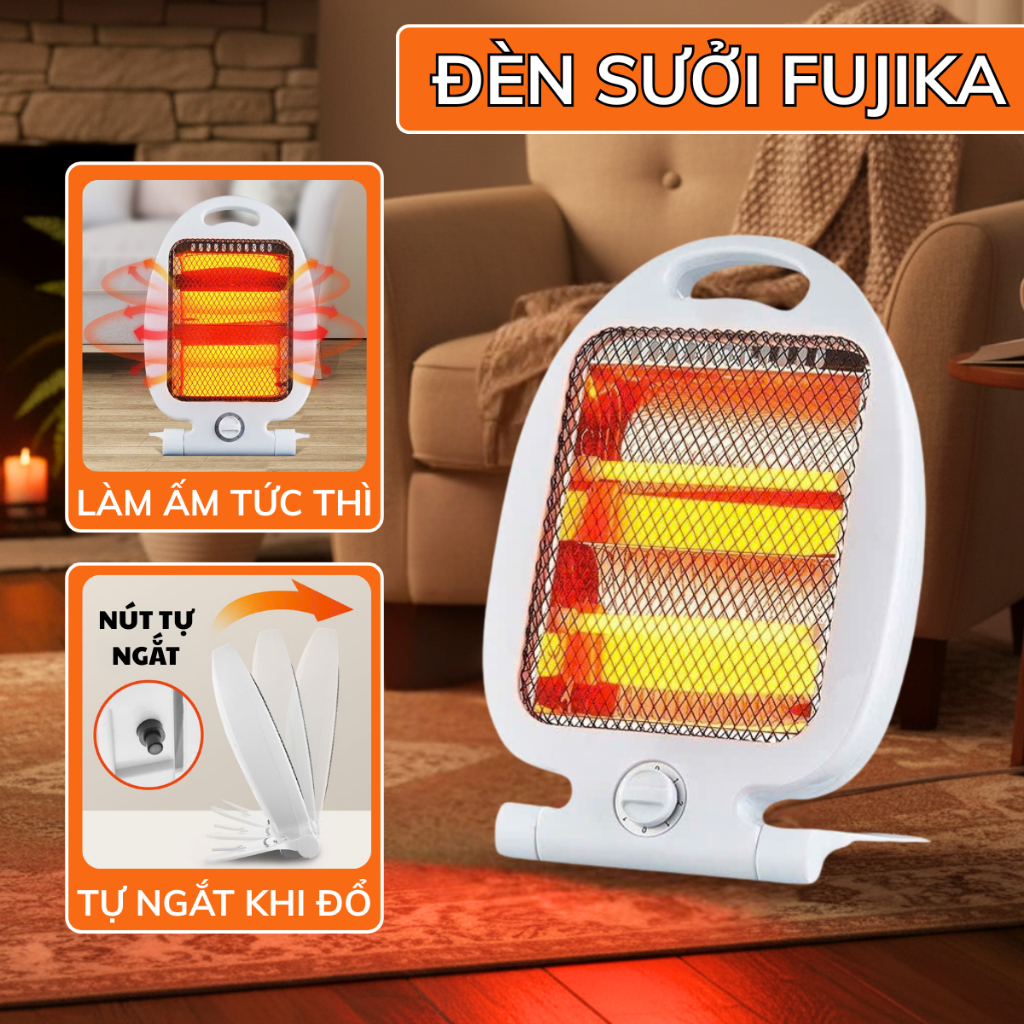 Đèn sưởi Fujika công suất 800W tỏa nhiệt cực nhanh, 2 chế độ nhiệt tùy chỉnh, tự ngắt khi đổ