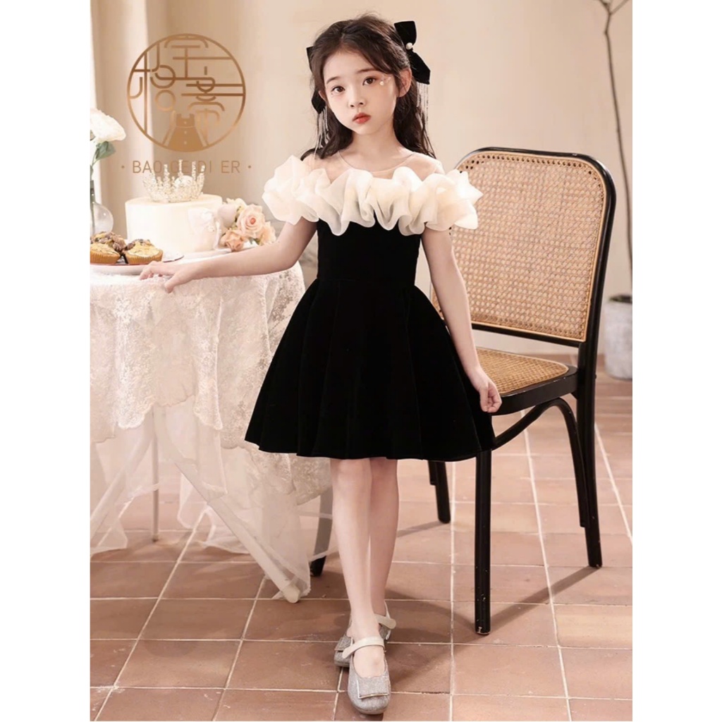 Đầm bé gái cổ bèo trắng thân nhung đen dáng ngắn xòe nhẹ nhàng dự tiệc chụp ảnh siêu xinh,cho bé gái và mẹ từ 13-56kg