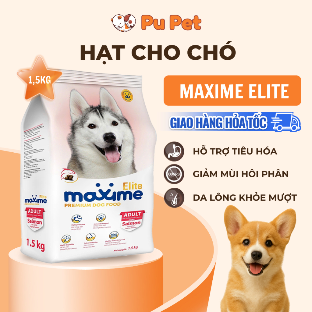 Hạt cho chó Maxime Elite vị cá hồi, hỗ trợ tiêu hóa, chăm sóc da lông cho chó trưởng thành gói 1,5KG