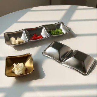 Khay đựng gia vị inox màu bạc cao cấp, chén đựng nước chấm, tỏi ớt, muối tiêu nhiều ngăn