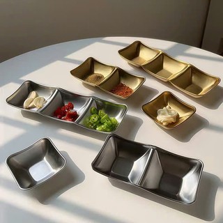 Khay đựng gia vị inox màu bạc cao cấp, chén đựng nước chấm, tỏi ớt, muối tiêu nhiều ngăn
