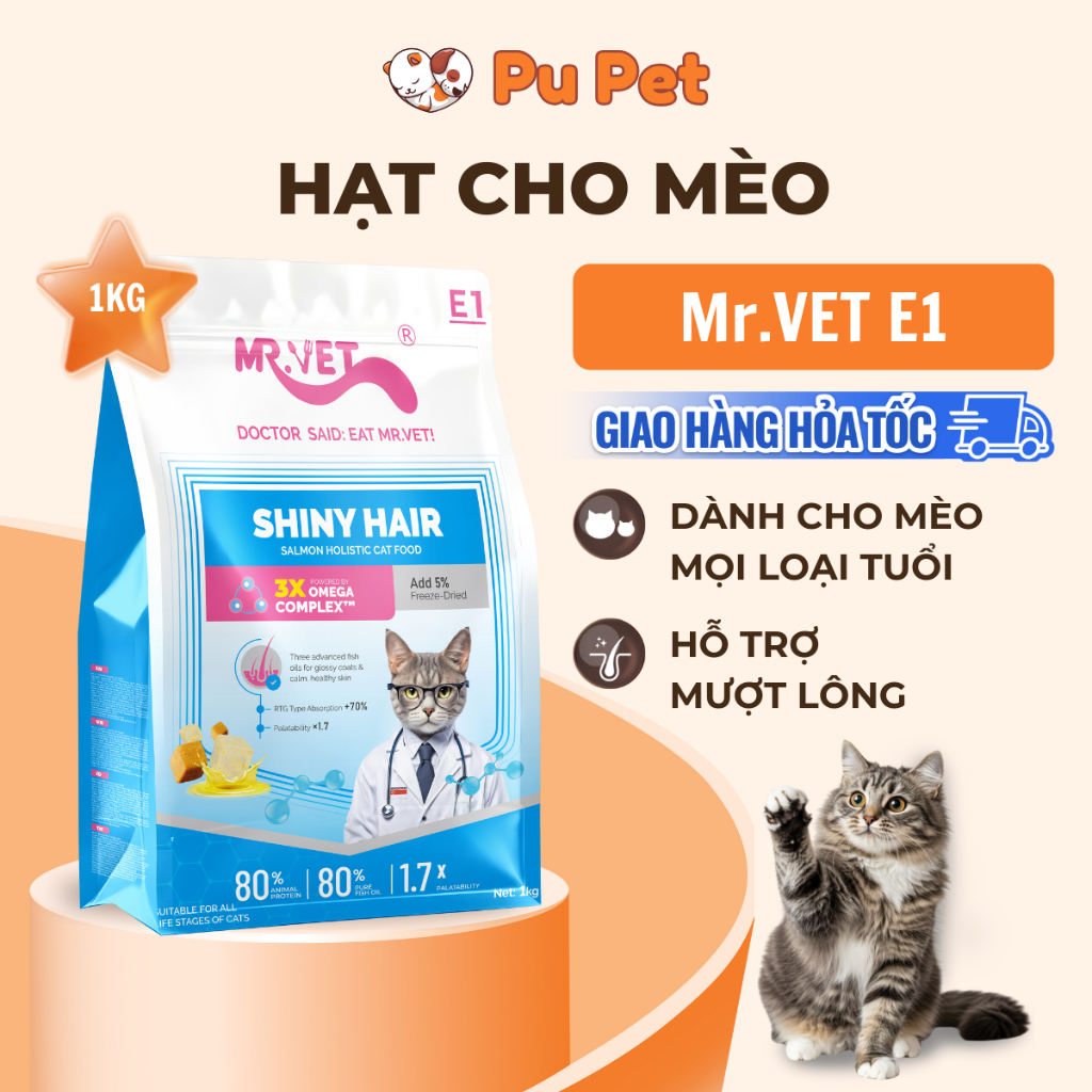 Hạt Cho Mèo MRVET E1 Nuôi Dưỡng Lông Chuyên Sâu Từ Dầu Cá Tinh Khiết, 80% Đạm Động Vật, Gói 1KG