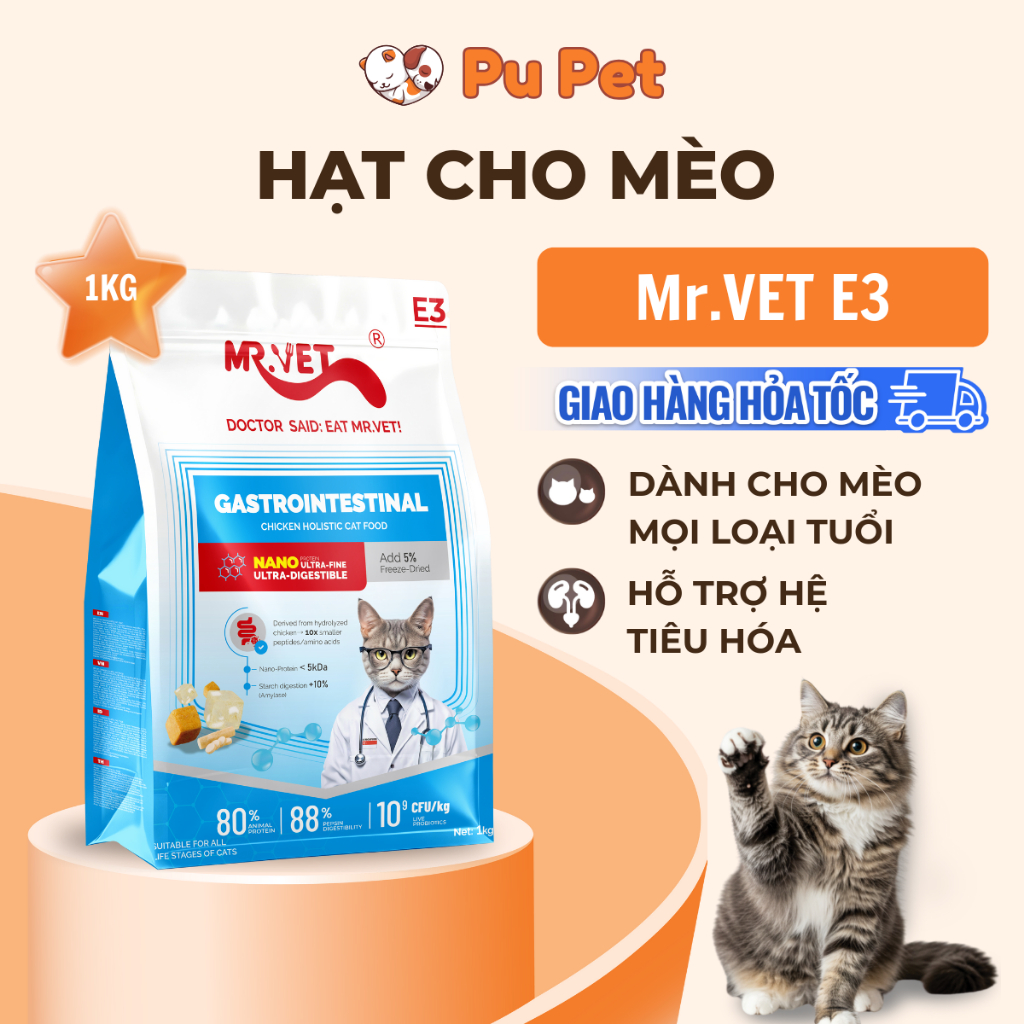 Hạt Cho Mèo MRVET E3 Công Thức Protein Siêu Mịn, Chăm Sóc Hệ Tiêu Hóa Nhạy Cảm, Gói 1KG