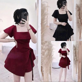 Đầm thời trang nữ mặc đi chơi chất cotton lạnh tay búp cổ vuông chiết eo dạo điểm nhấn váy dáng ngắn xòe