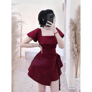 Đầm thời trang nữ mặc đi chơi chất cotton lạnh tay búp cổ vuông chiết eo dạo điểm nhấn váy dáng ngắn xòe