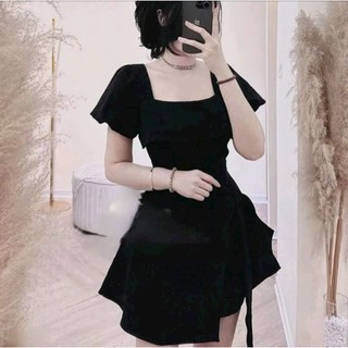 Đầm thời trang nữ mặc đi chơi chất cotton lạnh tay búp cổ vuông chiết eo dạo điểm nhấn váy dáng ngắn xòe