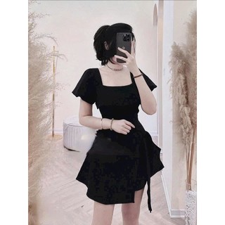 Đầm thời trang nữ mặc đi chơi chất cotton lạnh tay búp cổ vuông chiết eo dạo điểm nhấn váy dáng ngắn xòe
