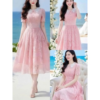 Đầm thời trang nữ thanh lịch chất ren cao cấp thêu hoa tao nhã tay ngắn cổ bèo váy dáng xòe sang chảnh