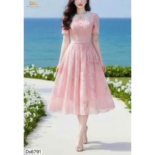 Đầm thời trang nữ thanh lịch chất ren cao cấp thêu hoa tao nhã tay ngắn cổ bèo váy dáng xòe sang chảnh