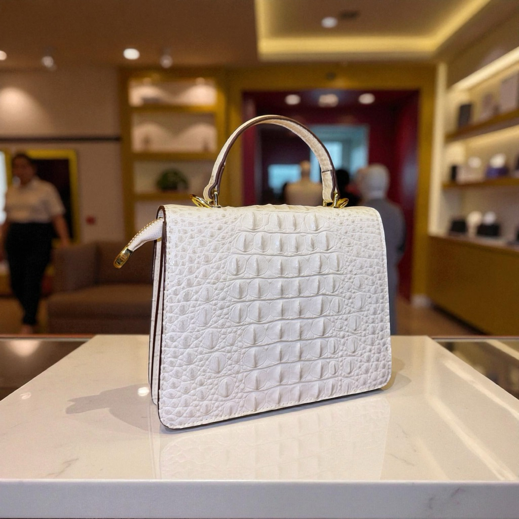 P2_Túi Xách Da Bò Dập Vân Cá Sấu Kích Thước 22cm, 4 Ngăn Có Dây Đeo Chéo- Bag Nữ ( Có hộp )