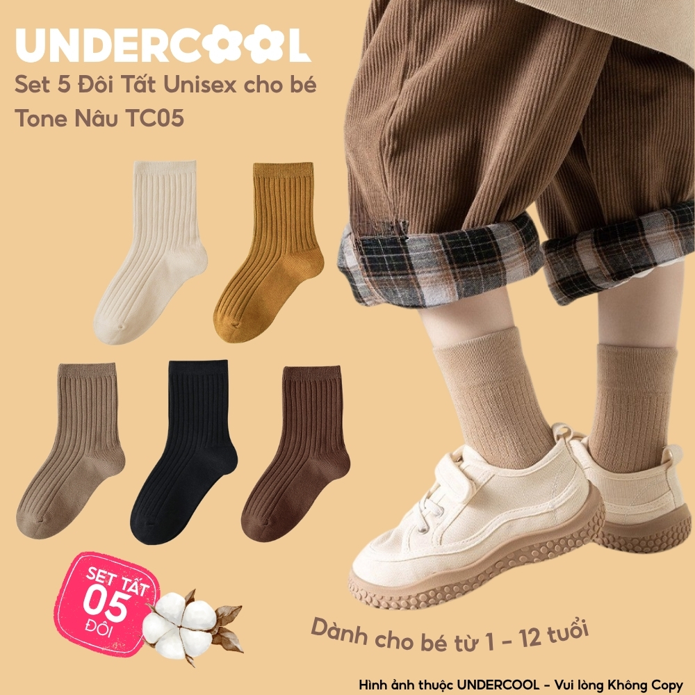 Set 5 Đôi Tất Trẻ Em UNDERCOOL Tone Nâu, Vớ Gân Tăm Cổ Cao Cotton Cho Bé Trai Bé Gái 1-12 Tuổi Phong Cách Hàn Quốc TC05