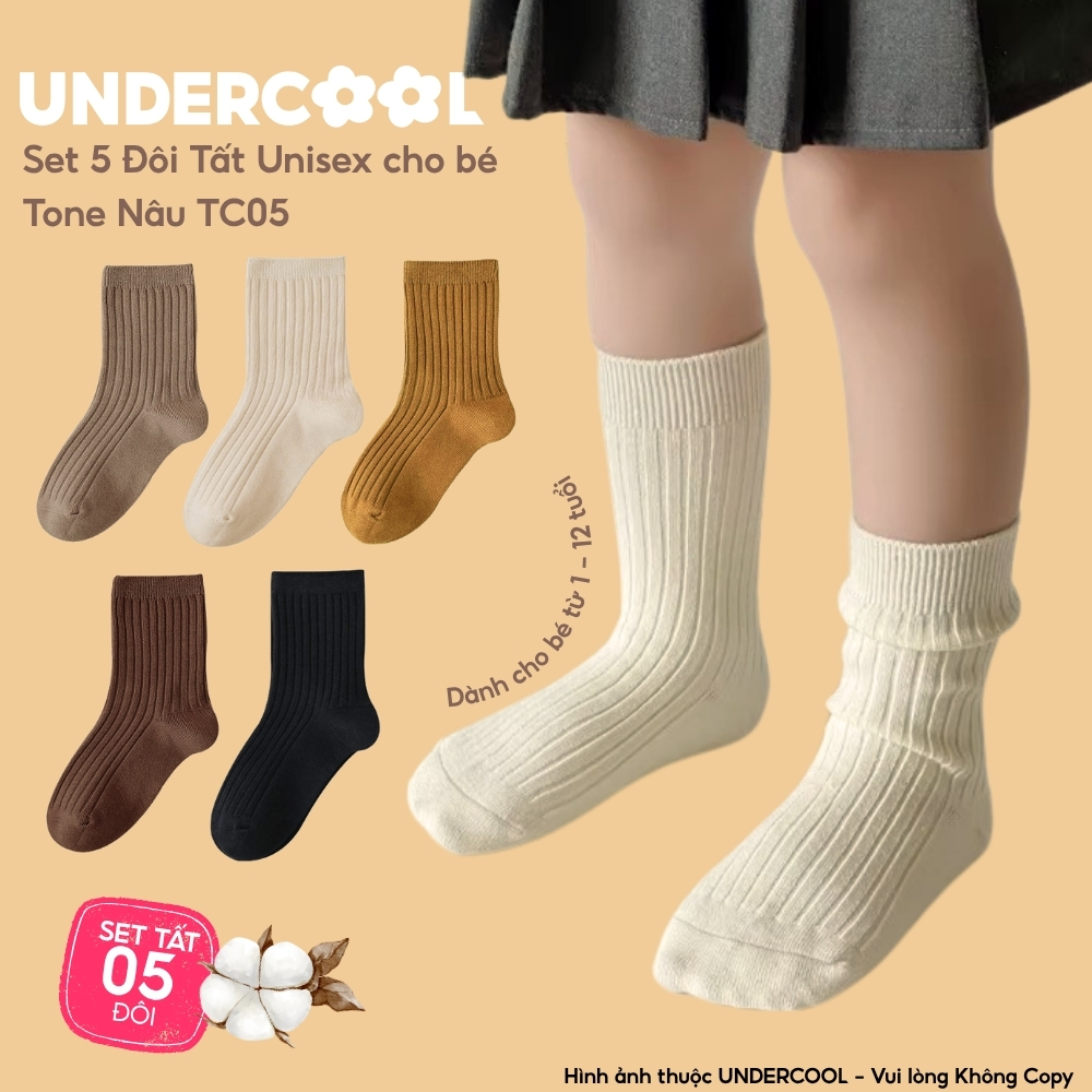 Set 5 Đôi Tất Trẻ Em UNDERCOOL Tone Nâu, Vớ Gân Tăm Cổ Cao Cotton Cho Bé Trai Bé Gái 1-12 Tuổi Phong Cách Hàn Quốc TC05