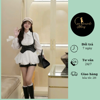 Set bộ 3 món áo sơ mi mix áo gile kèm chân váy da Eva hamichi