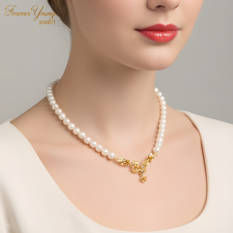 DC36 - Dây chuyền ngọc trai nước ngọt, trai 7-8 li, dài 45cm.  mạ vàng 18K. Forever Young Pearl - Quà tặng 20/10