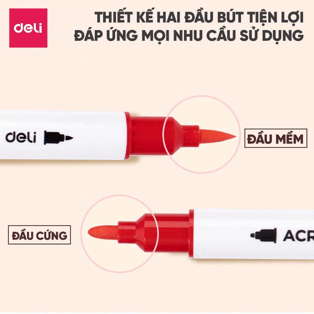 Bút Sơn Acrylic Marker 2 Đầu 48 Màu Deli THÊM 50% Mực Màu Vẽ Trên Mọi Chất Liệu Chồng Màu