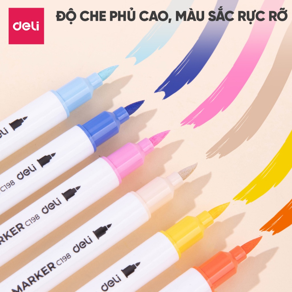 Bút Sơn Acrylic Marker 2 Đầu 48 Màu Deli THÊM 50% Mực Màu Vẽ Trên Mọi Chất Liệu Chồng Màu
