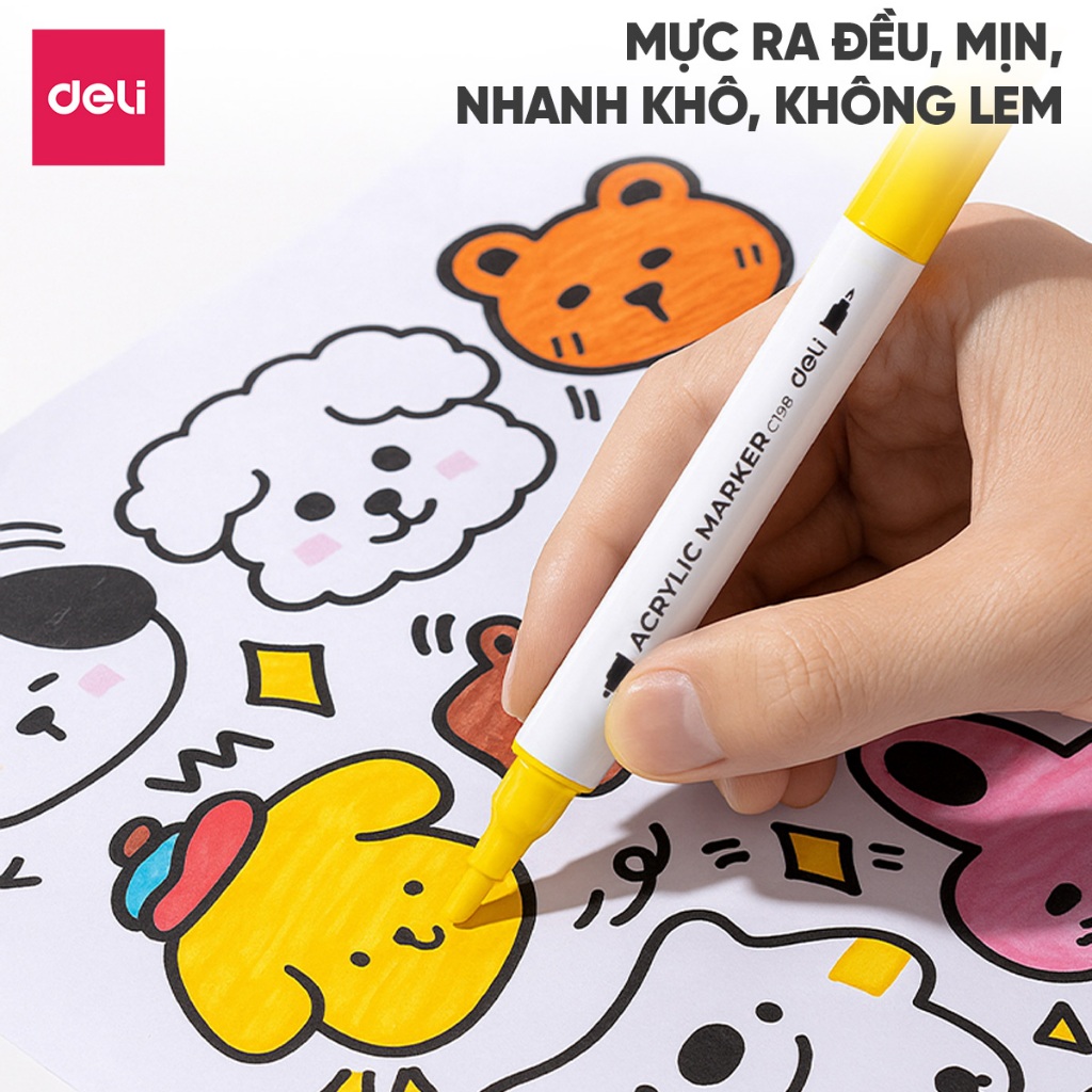 Bút Sơn Acrylic Marker 2 Đầu 48 Màu Deli THÊM 50% Mực Màu Vẽ Trên Mọi Chất Liệu Chồng Màu