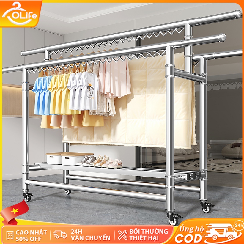 𝐎𝐥𝐢𝐟𝐞Giá Phơi Quần Áo Inox Cao Cấp Giá Treo Quần Áo Gấp Gọn Mẫu Mới Sào Phơi Quần Áo Có Thể Mở Rộng Có Bánh Xe