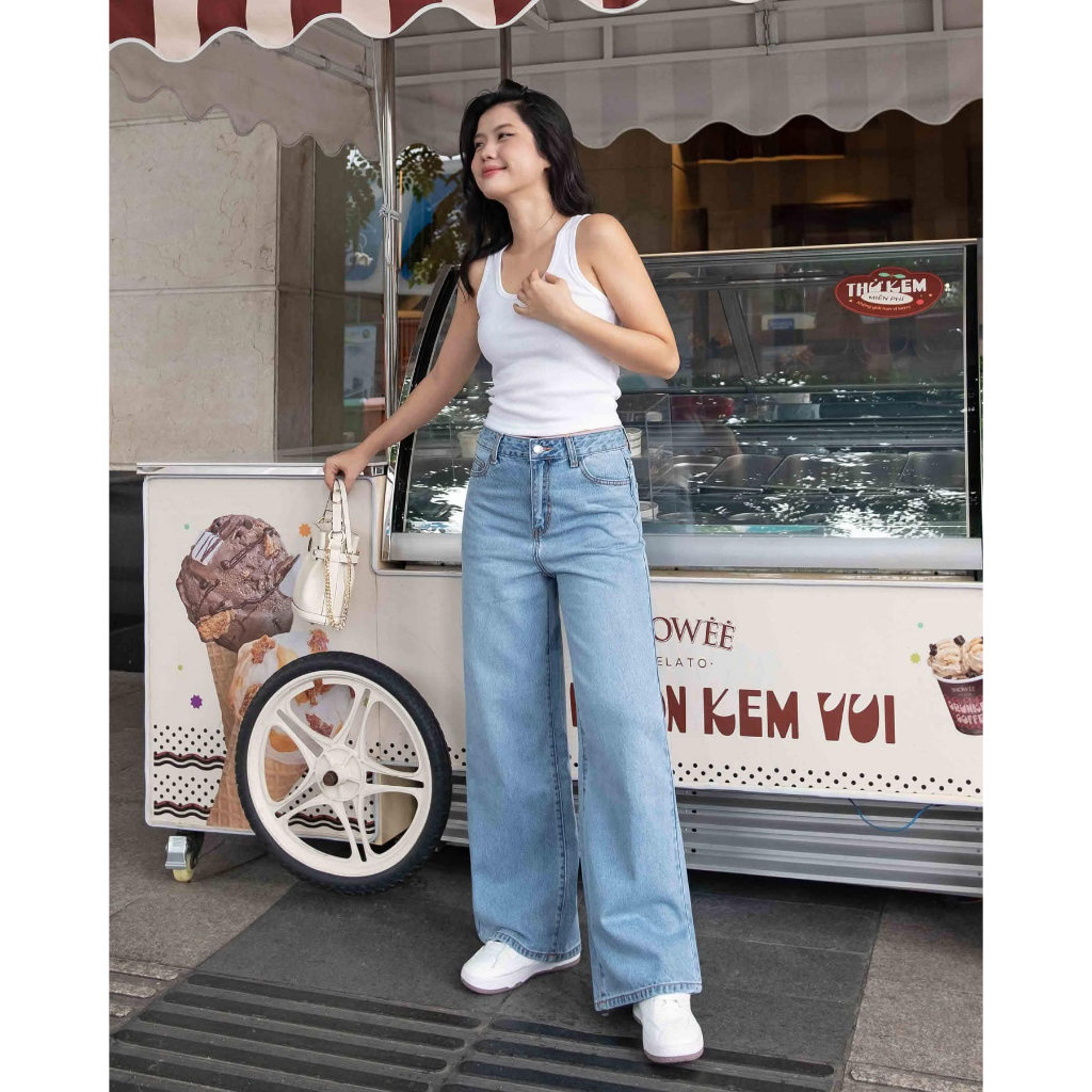 Quần Jean Ống Rộng, Không Co Giãn, Lưng Cao, Xanh Nhạt Wash, WLJ.3 Aqua Blue Wide Leg Jeans