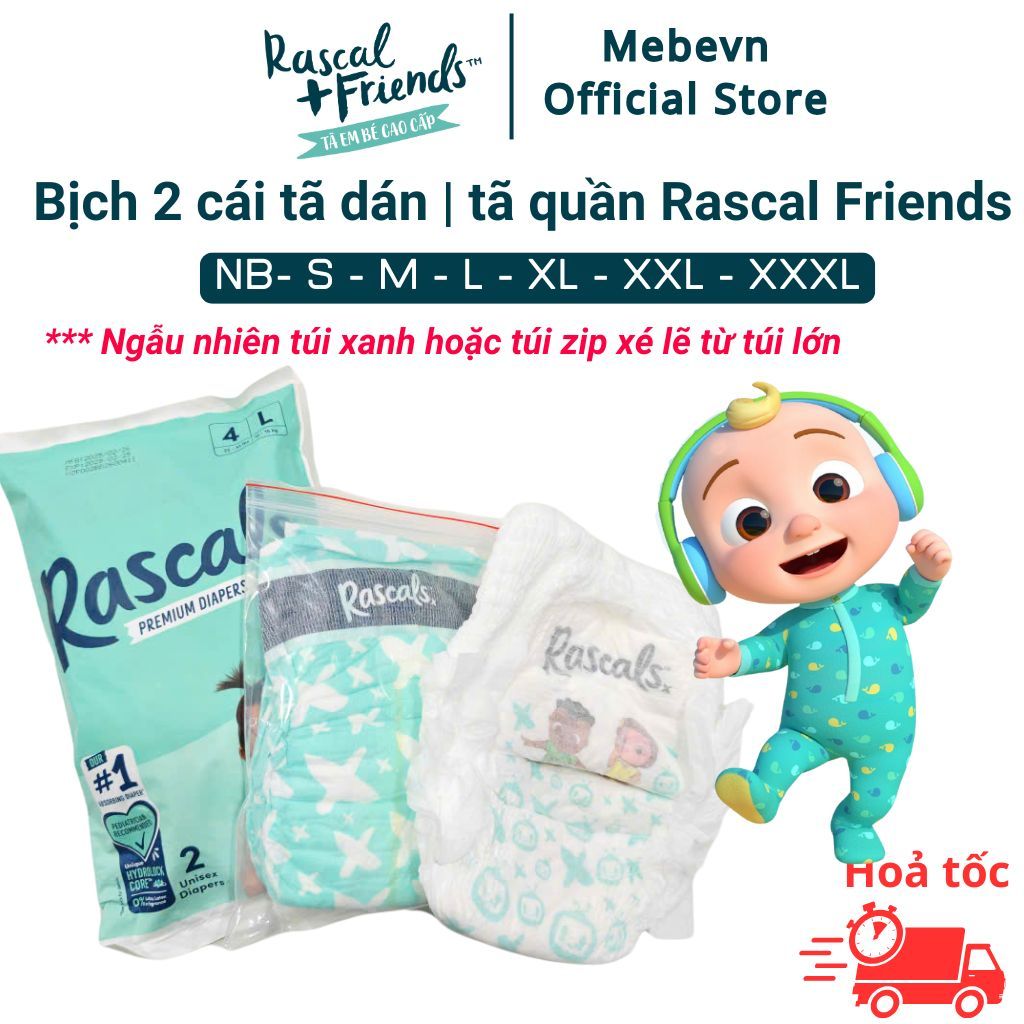 Bịch 2 miếng trải nghiệm bỉm tã cao cấp New Zealand Rascal Friends và Rascal Cocomelon bản giới hạn