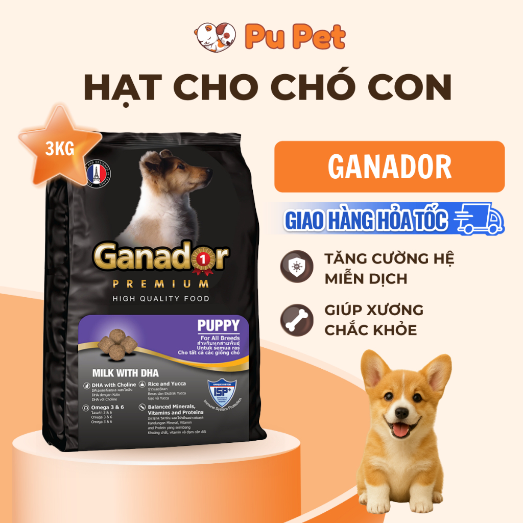 Hạt Ganador Premium cho chó con vị Sữa&DHA 3kg và 400g tăng cường miễn dịch, giúp xương chắc khỏe