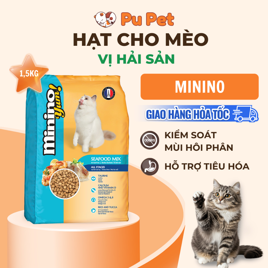 Thức Ăn Hạt Cho Mèo Minino Yum Vị Hải Sản Gói 350g/1.5kg Hỗ Trợ Tiêu Hóa Và Dưỡng Mượt Lông