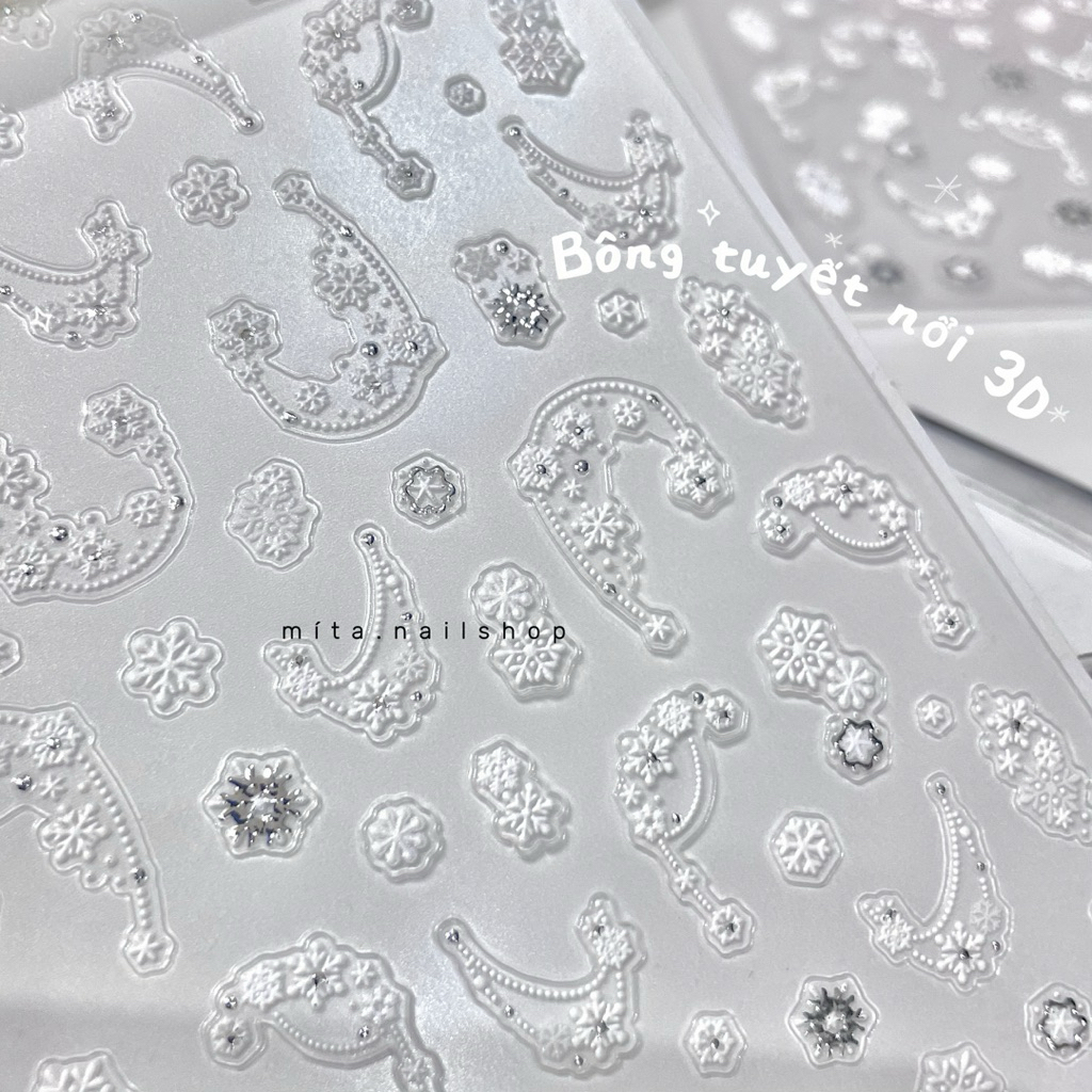 STICKER NOEL NỔI 3D VIỀN BÔNG TUYẾT NHÍ TRẮNG BẠC điệu đà, dán nail ...