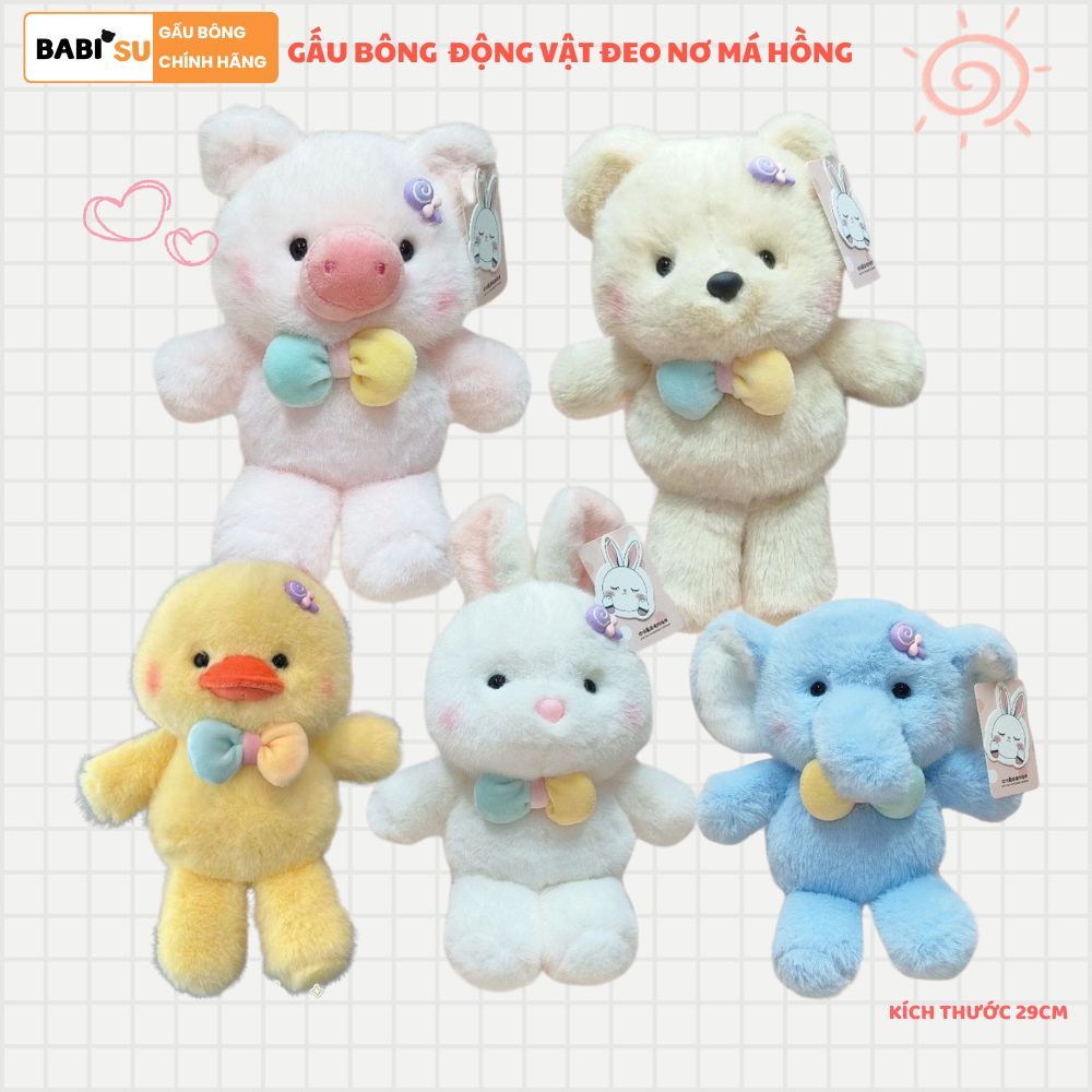 Gấu Bông Hình Con Vật  Đeo Nơ Đính Chamr Siêu Đáng Yêu, Thú Nhồi Bông Động Vật Mini 29Cm Quà Tặng Cho Bé