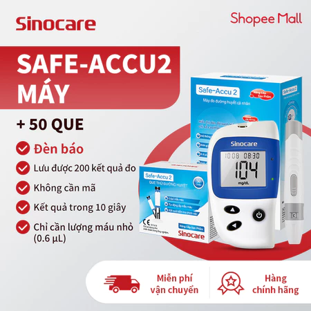 Máy Đo Đường Huyết Safe Accu 2 Chính Hãng Sinocare Tặng Kèm 50 Que Và 50 Kim