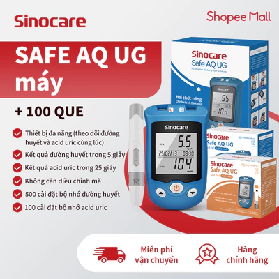 Máy Đo Tiểu Đường Và Axit Uric (Bệnh Gút) 2Trong1 Chính Hãng Sinocare+que thử đường huyết+que thử uric+kim