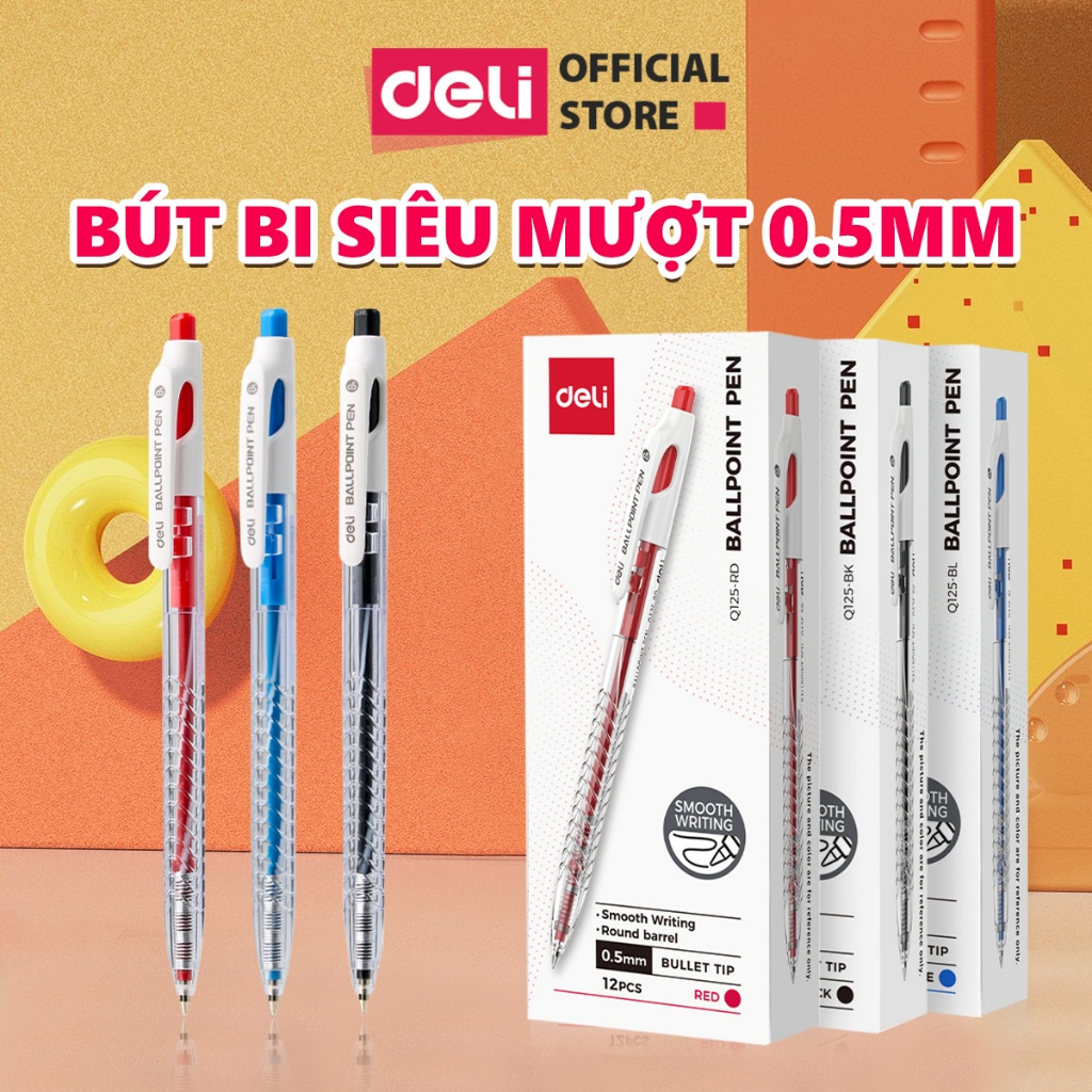 [Deli VPP] Combo 5/12 Bút Bi Ngòi 0.5mm Deli Cao Cấp Xanh/Đen/Đỏ Nét Thanh Mảnh Nét Mực Trơn Phù Hợp Học Sinh Văn Phòng