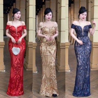 Đầm dạ hội kim sa hoa văn trễ/ bẹt vai phối luới tko