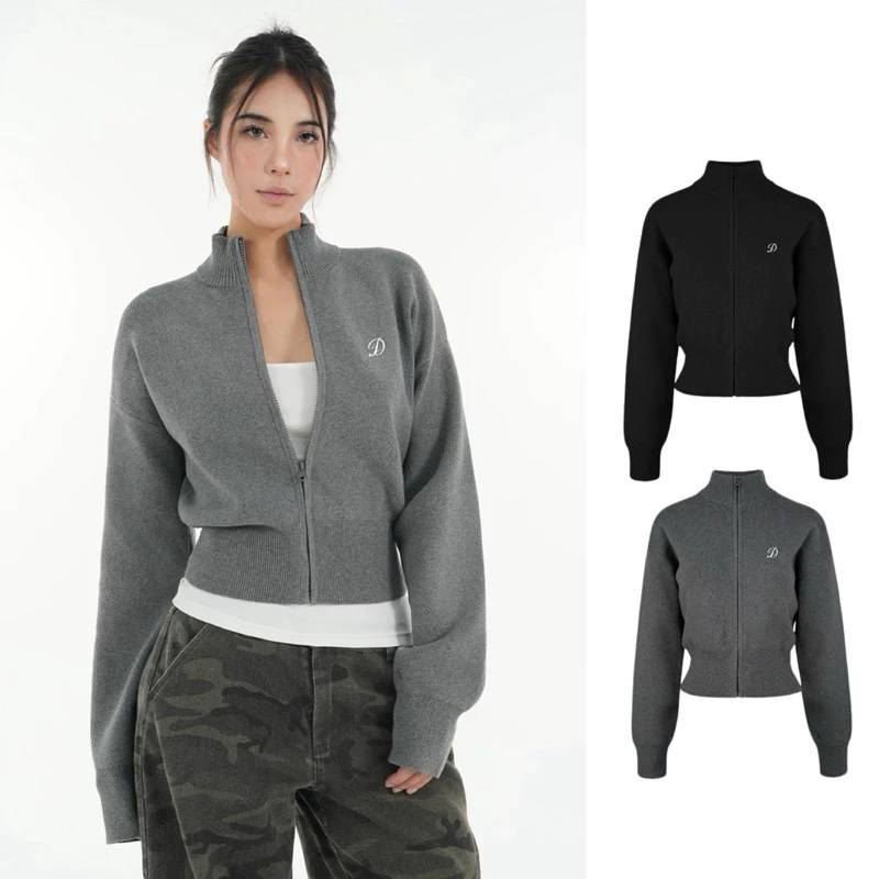 Áo Khoác Len Dệt Kim Khoá Kéo Thêu Logo DoA Casual , Áo Cardigan dài tay thu đông cho nữ mới 2025